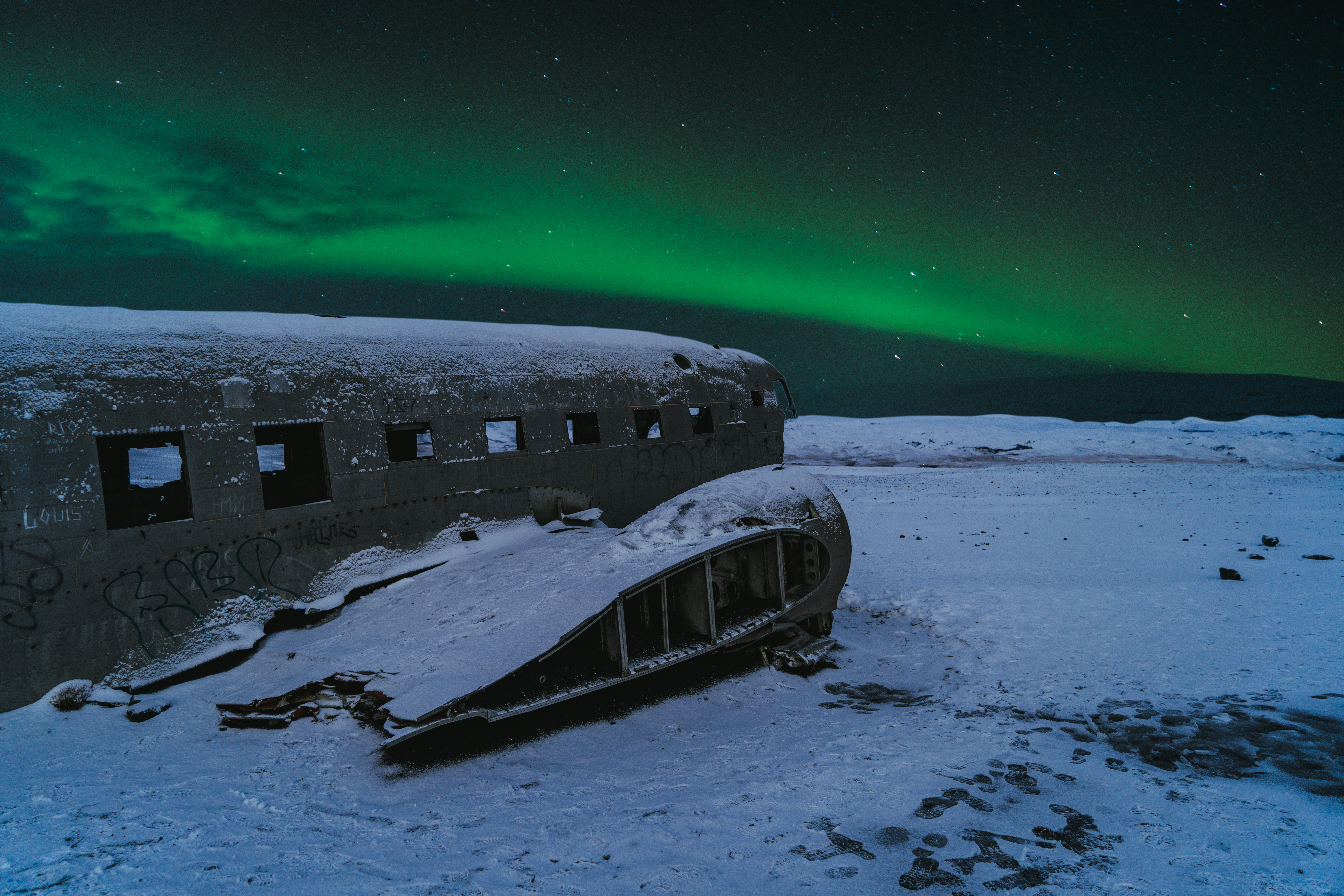 Northern Lights Over DC3 Plane Wreck, Iceland